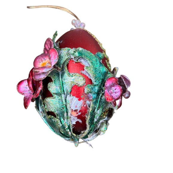 Handcrafted Floral Glitter Ornament Set With Red & Gold Egg Flower Designs - Picture 6 of 13